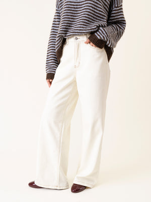 CONTRAST STITCHING DENIM TROUSERS ECRU