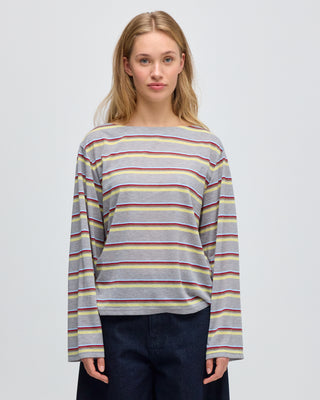 STRIPED LONG SLEEVE BOAT NECK T-SHIRT GREY