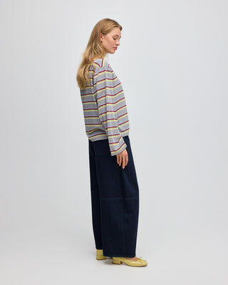 STRIPED LONG SLEEVE BOAT NECK T-SHIRT GREY
