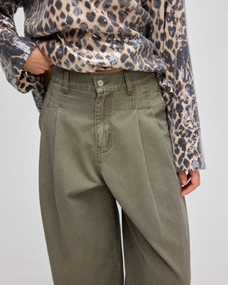 DOUBLE PLEATED DENIM TROUSERS KHAKI