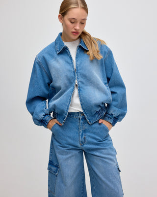 DENIM WIDE LEG CARGO TROUSERS