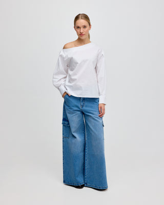 DENIM WIDE LEG CARGO TROUSERS