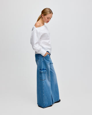 DENIM WIDE LEG CARGO TROUSERS