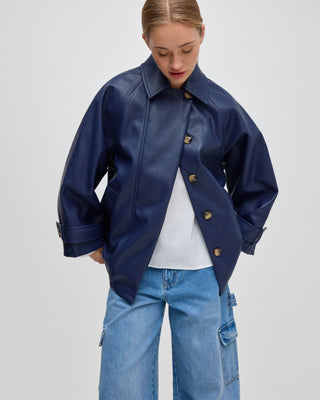 LEATHER PLEATED LARA JACKET NAVY BLUE