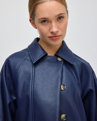 LEATHER PLEATED LARA JACKET NAVY BLUE