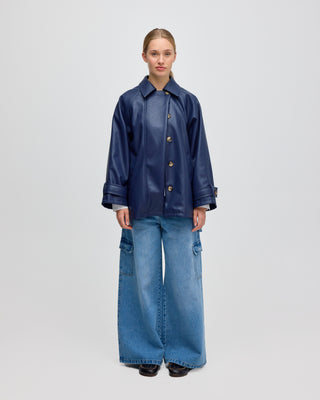 LEATHER PLEATED LARA JACKET NAVY BLUE