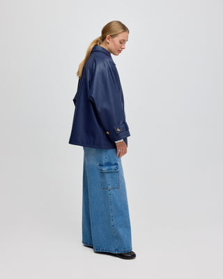 LEATHER PLEATED LARA JACKET NAVY BLUE