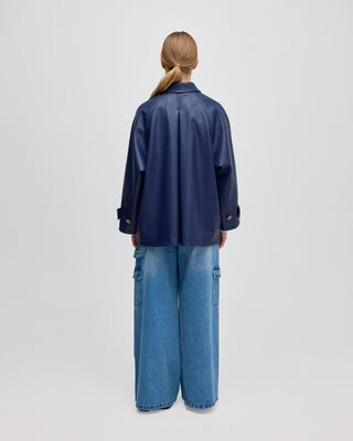 LEATHER PLEATED LARA JACKET NAVY BLUE