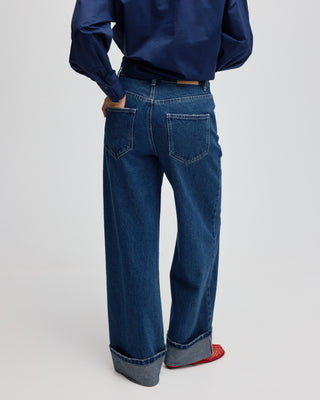 FOLDED HEM DENIM TROUSERS MID BLUE