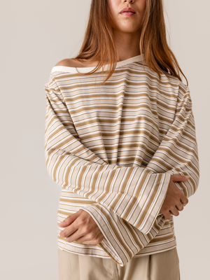 ASYMMETRIC STRIPED T-SHIRT CAMEL