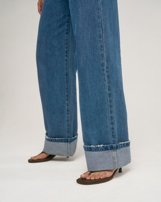 FOLDED DENIM HEM TROUSERS DARK BLUE