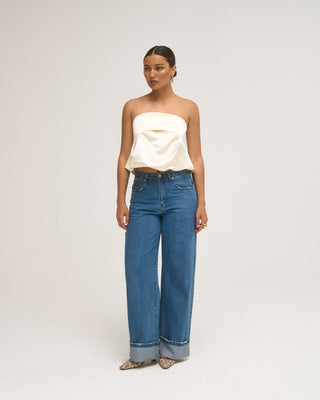 FOLDED DENIM HEM TROUSERS DARK BLUE