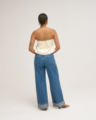 FOLDED DENIM HEM TROUSERS DARK BLUE