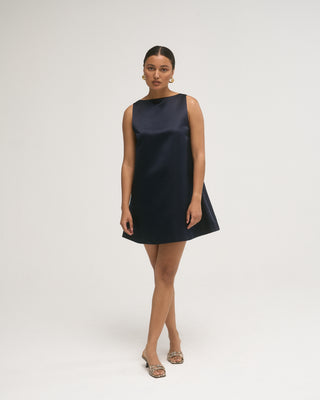 THILLY SATIN BOW DRESS NAVY BLUE