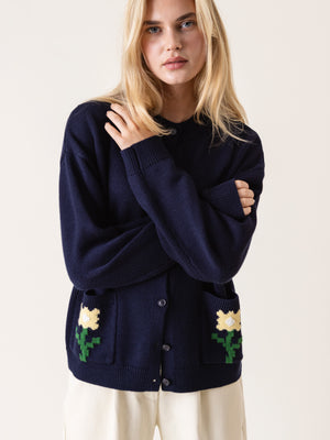 KNITTED DAISY CARDIGAN NAVY BLUE