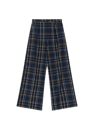 CHECKED PLEATED TROUSERS NAVY BLUE