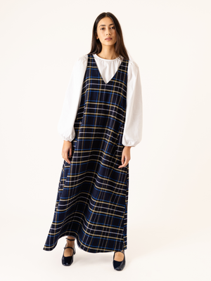 CHECKED MAXI V-NECK SLIP DRESS NAVY BLUE