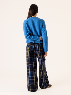 CHECKED PLEATED TROUSERS NAVY BLUE