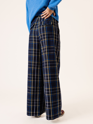 CHECKED PLEATED TROUSERS NAVY BLUE