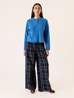 CHECKED PLEATED TROUSERS NAVY BLUE