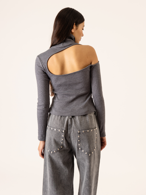 CUT OUT HIGH NECK TOP DARK GREY