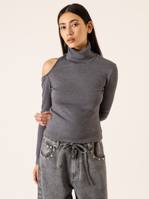 CUT OUT HIGH NECK TOP DARK GREY