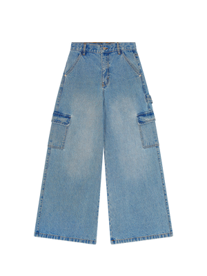 DENIM WIDE LEG CARGO TROUSERS