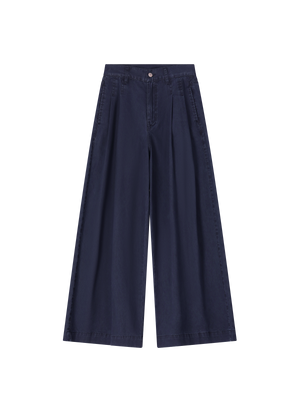 DOUBLE PLEATED DENIM TROUSERS NAVY BLUE