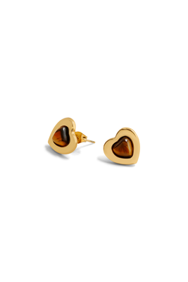 BROWN STONE HEART EARRINGS GOLD