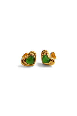 GREEN STONE HEART EARRINGS GOLD