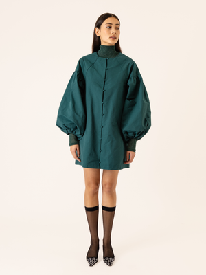 BUTTONED PUFF SLEEVE DRESS GREEN