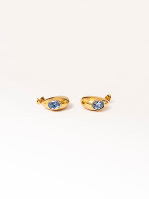 BLUE RHINESTONE DOME EARRINGS GOLD