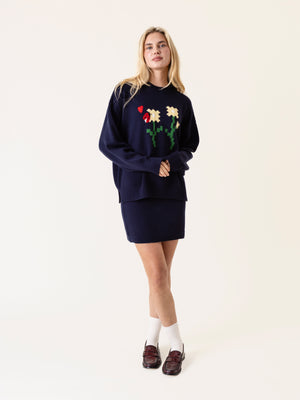 KNITTED DAISY LOVE SWEATER NAVY BLUE