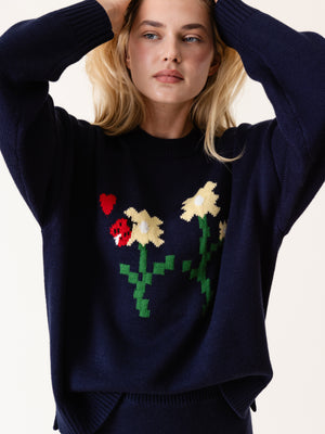 KNITTED DAISY LOVE SWEATER NAVY BLUE