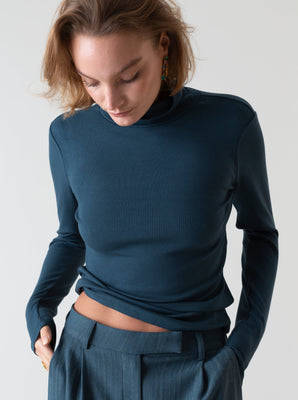 RIBBED HIGH NECK TOP TEAL