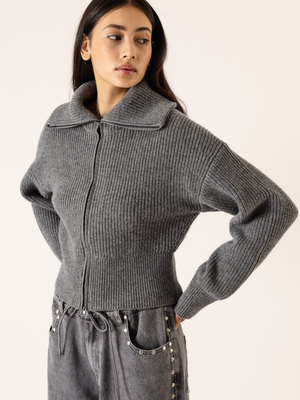 KNITTED MERINO ZIP SWEATER GREY