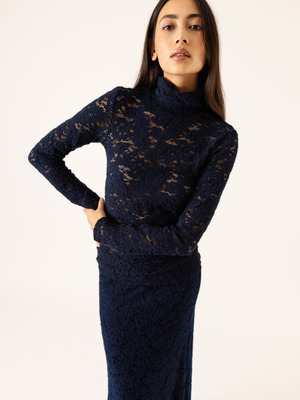 LACE HIGH NECK TOP NAVY BLUE