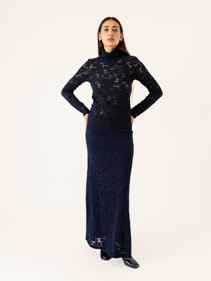 LACE HIGH NECK TOP NAVY BLUE