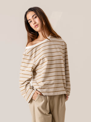 ASYMMETRIC STRIPED T-SHIRT CAMEL