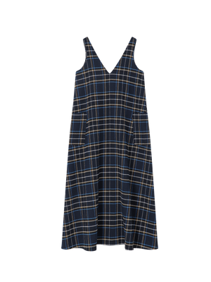 CHECKED MAXI V-NECK SLIP DRESS NAVY BLUE