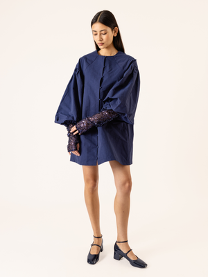 BUTTONED PUFF SLEEVE DRESS NAVY BLUE