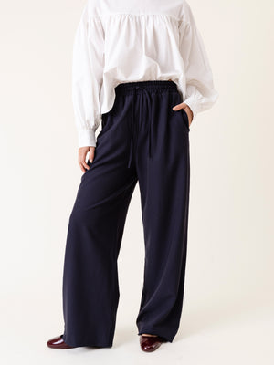 ELASTICATED PINSTRIPE TROUSERS NAVY BLUE