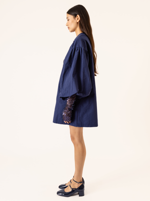 BUTTONED PUFF SLEEVE DRESS NAVY BLUE