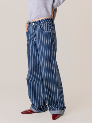 STRIPED DENIM TROUSERS DARK BLUE