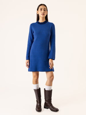 KNITTED STRIPED MINI DRESS BLUE