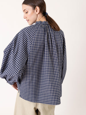 CHECKED PUFF SLEEVE BOW TIE BLOUSE NAVY