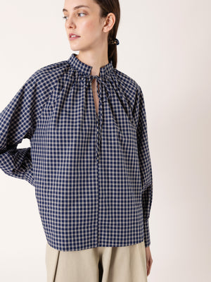 CHECKED PUFF SLEEVE BOW TIE BLOUSE NAVY