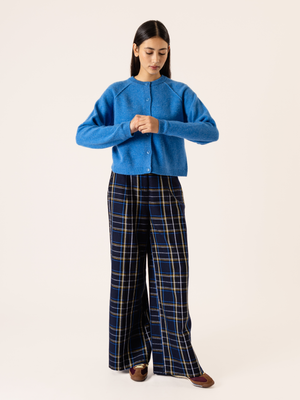 CHECKED PLEATED TROUSERS NAVY BLUE