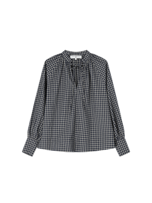 CHECKED PUFF SLEEVE BOW TIE BLOUSE NAVY